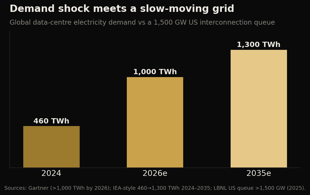 Barres de la demande électrique mondiale des data centres : 2024 460 TWh, 2026 >1 000 TWh, 2035 ~1 300 TWh